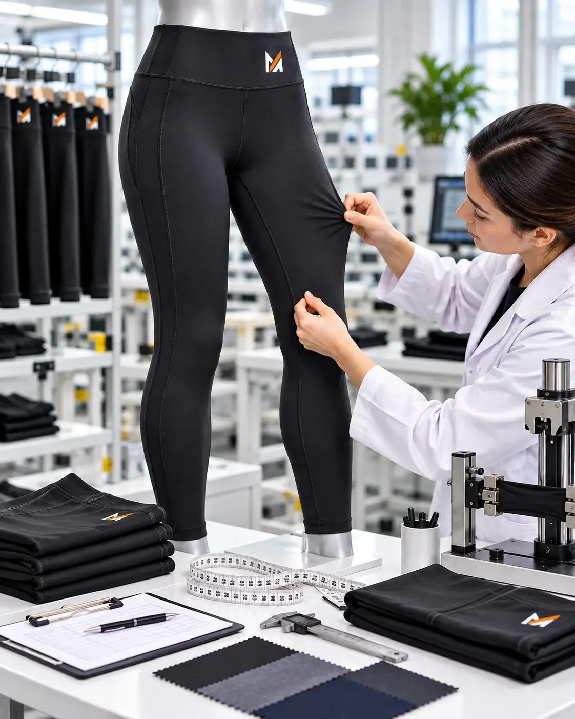 Quality control specialist testing the stretch and fabric durability of black custom leggings on a mannequin, with measurement tools and folded apparel in a professional manufacturing inspection area.